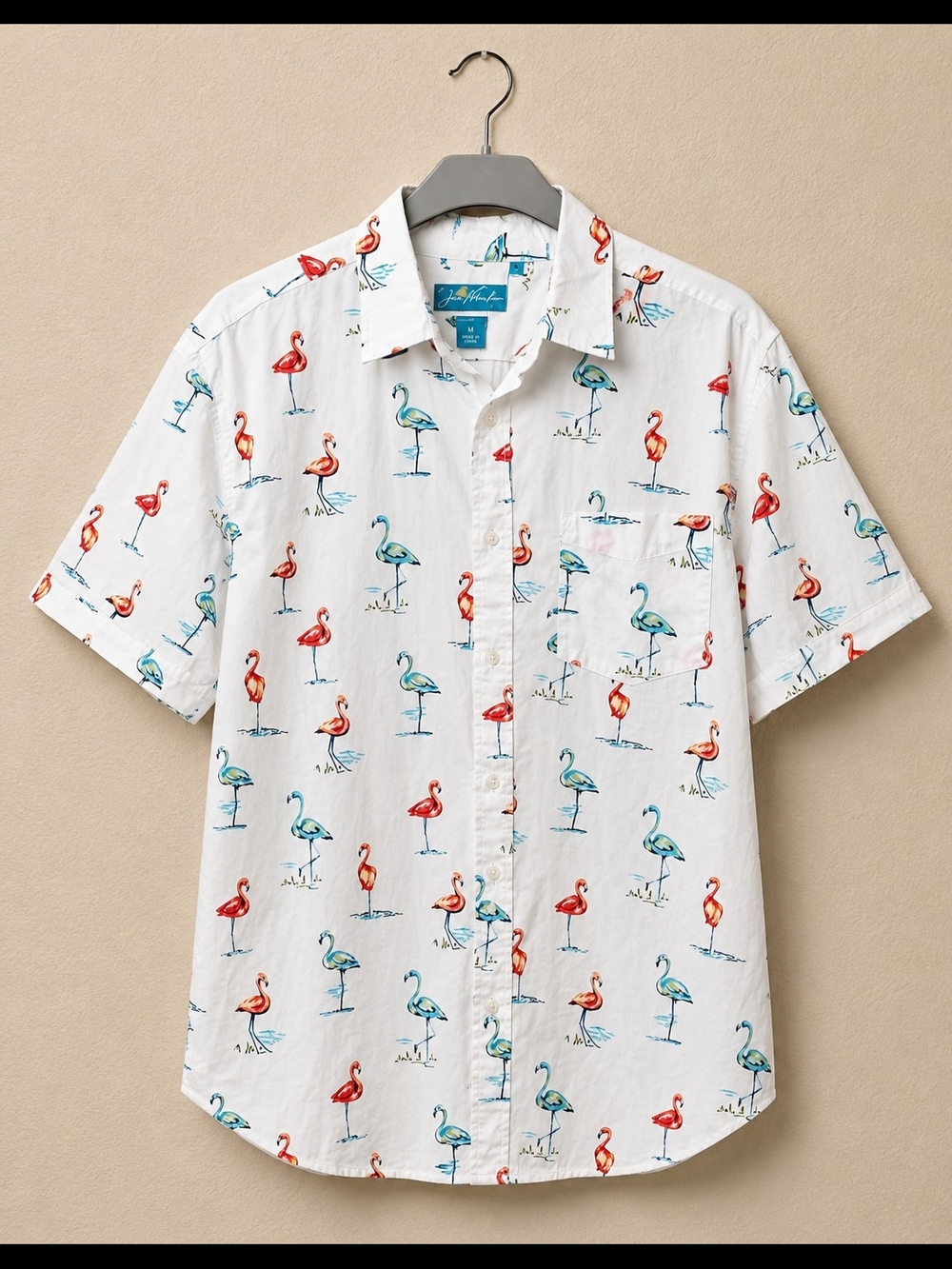 Joe Marlin Flamingo Print Button-Up Shirt Men's Medium White Tropical Hawaiian